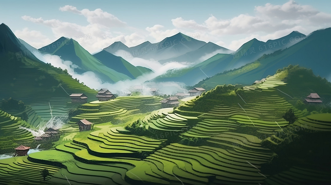 中国乡村山地梯田春天插画