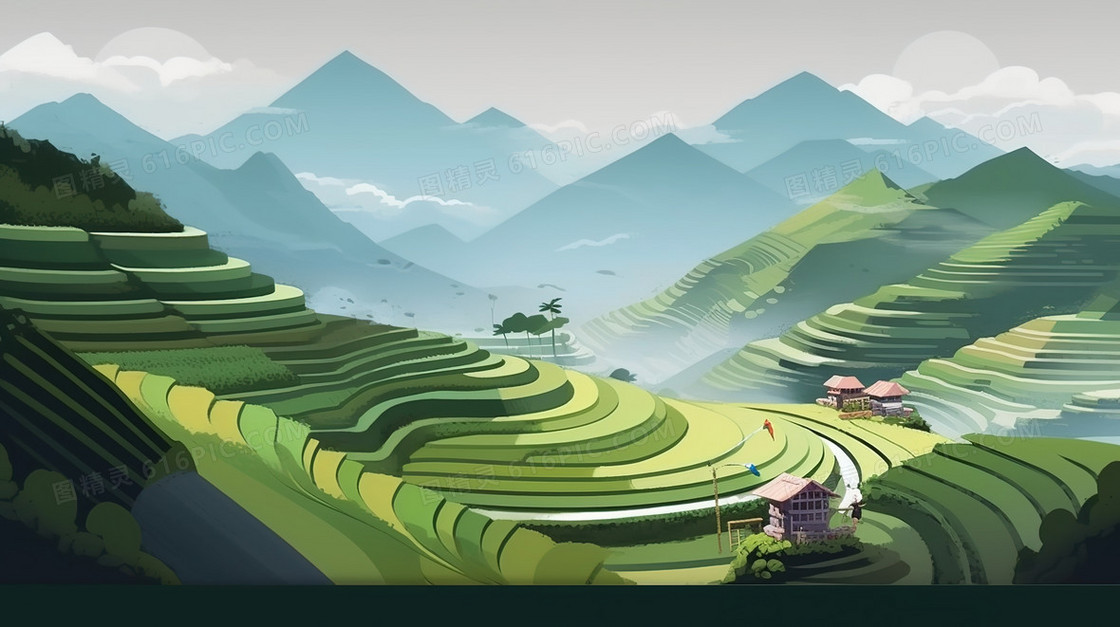 中国乡村山地梯田春天插画