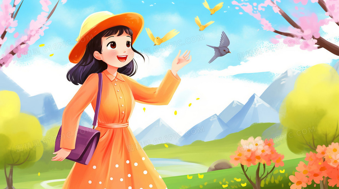 春天在山野郊游戴着帽子的少女插画