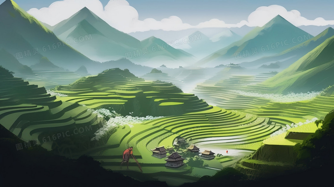 中国乡村山地梯田春天插画