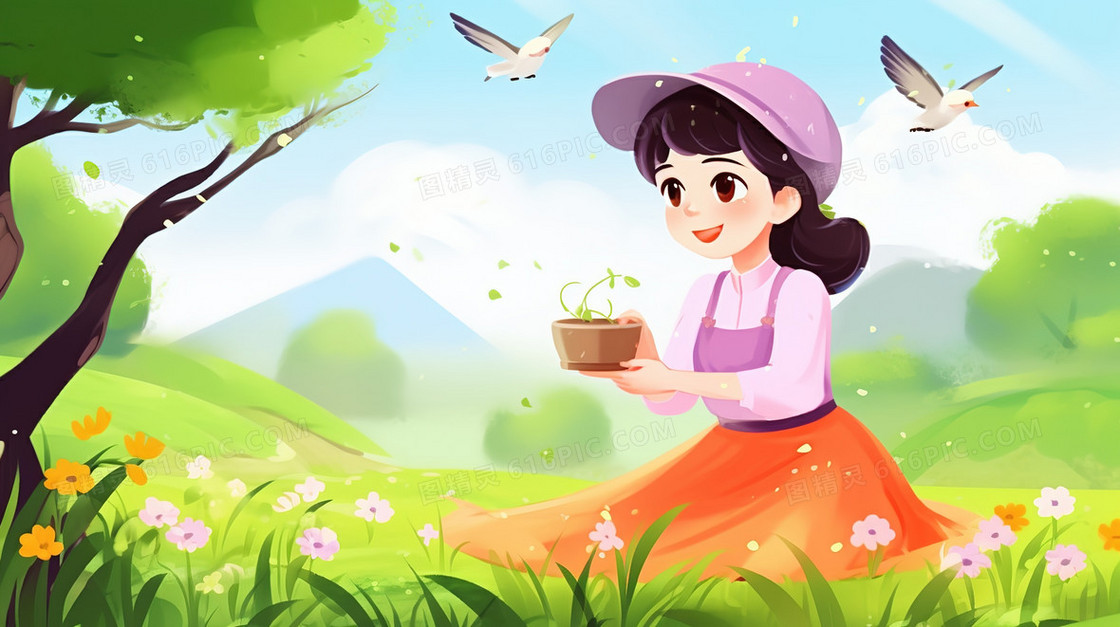 春季山野草地上采茶的女孩插画