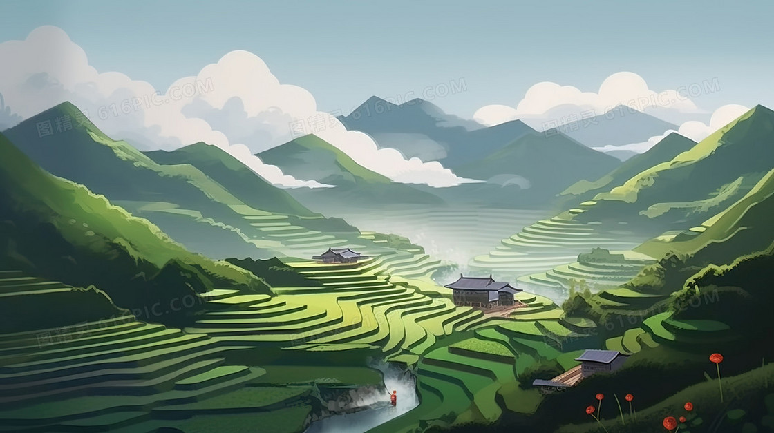 中国乡村山地梯田春天插画