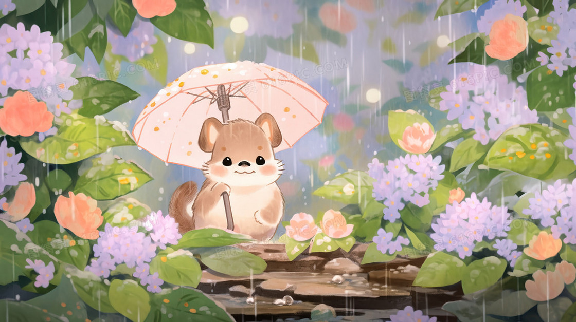 雨中森林里撑着雨伞的小动物插画