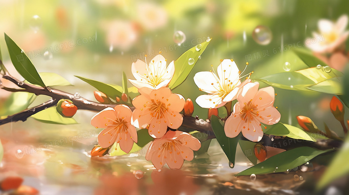 春季盛开的桃花树插画