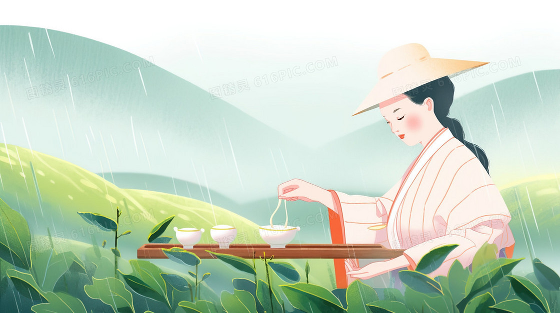 春季雨中练习茶道的采茶女插画