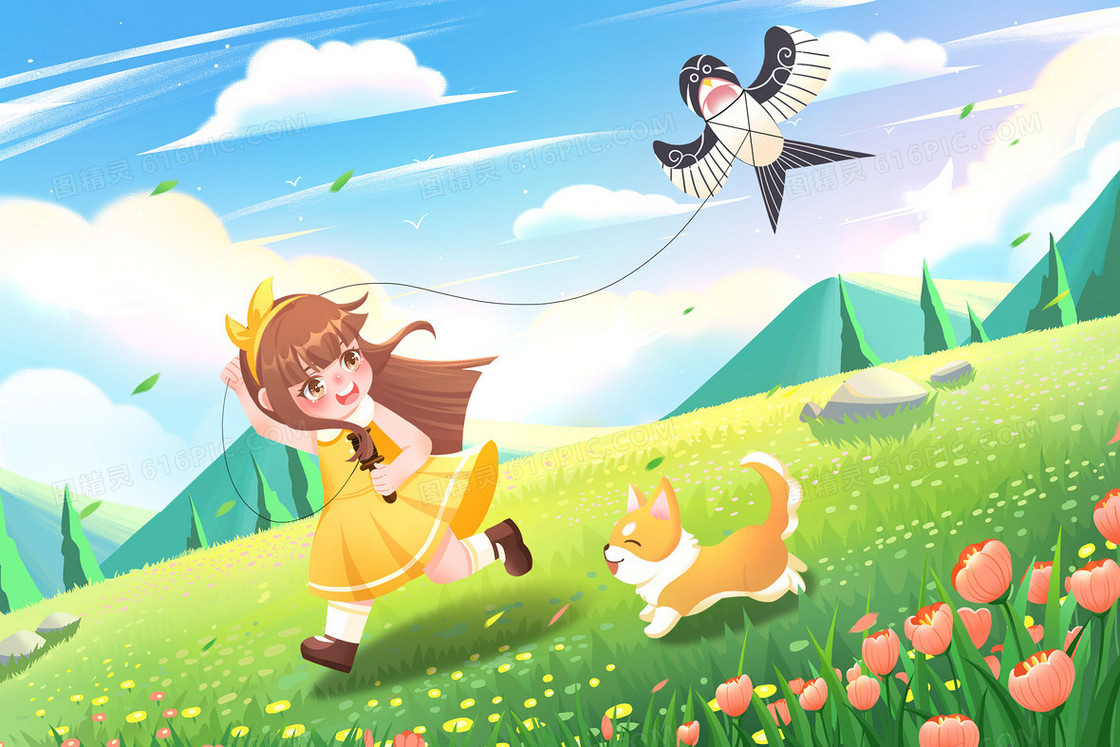 春天可爱女孩和小狗狗在草地放风筝插画