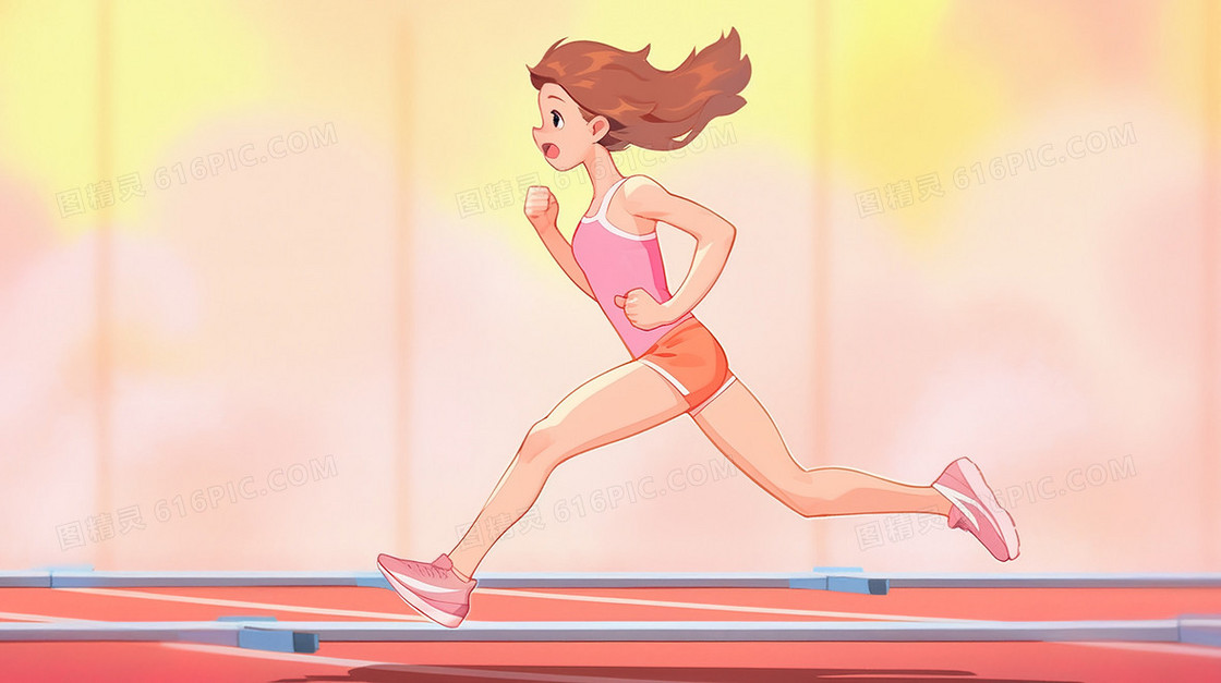 在跑道上练习跑步的女生插画