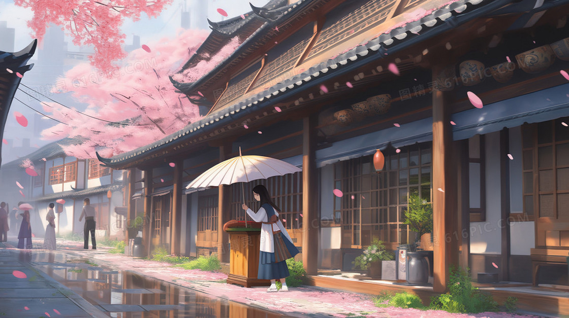 春天樱花盛开的古镇插画