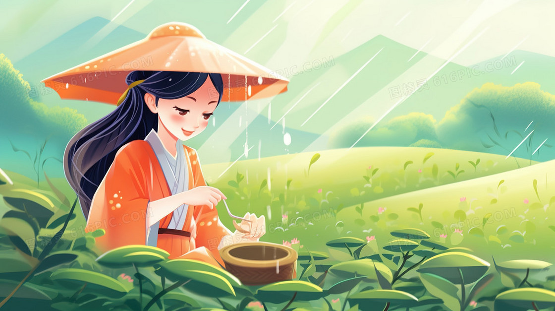 春季茶山雨中的采茶女插画