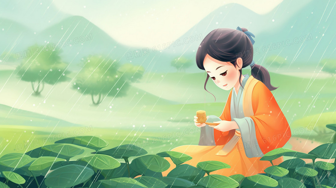 春季茶山雨中的采茶女插画