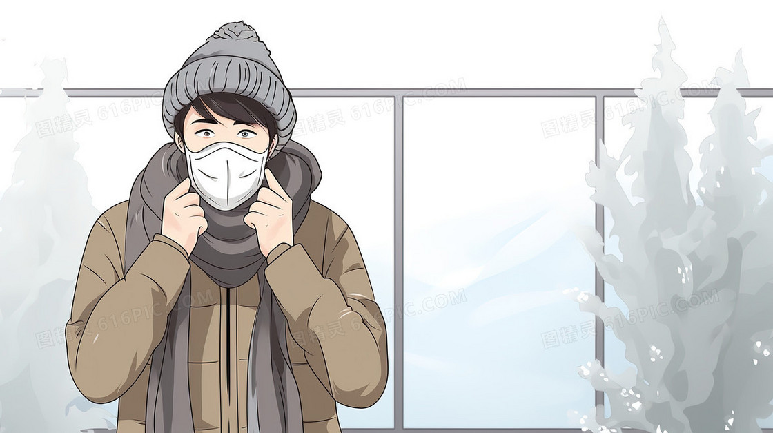 冬天戴口罩的男孩创意插画