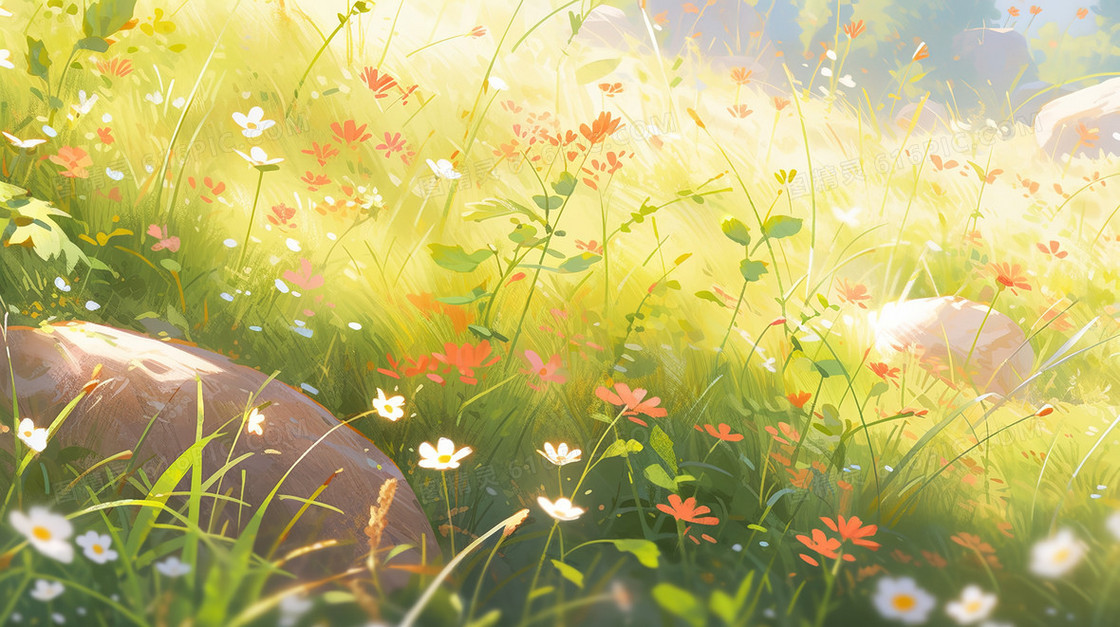 春季山野鲜花草地插画