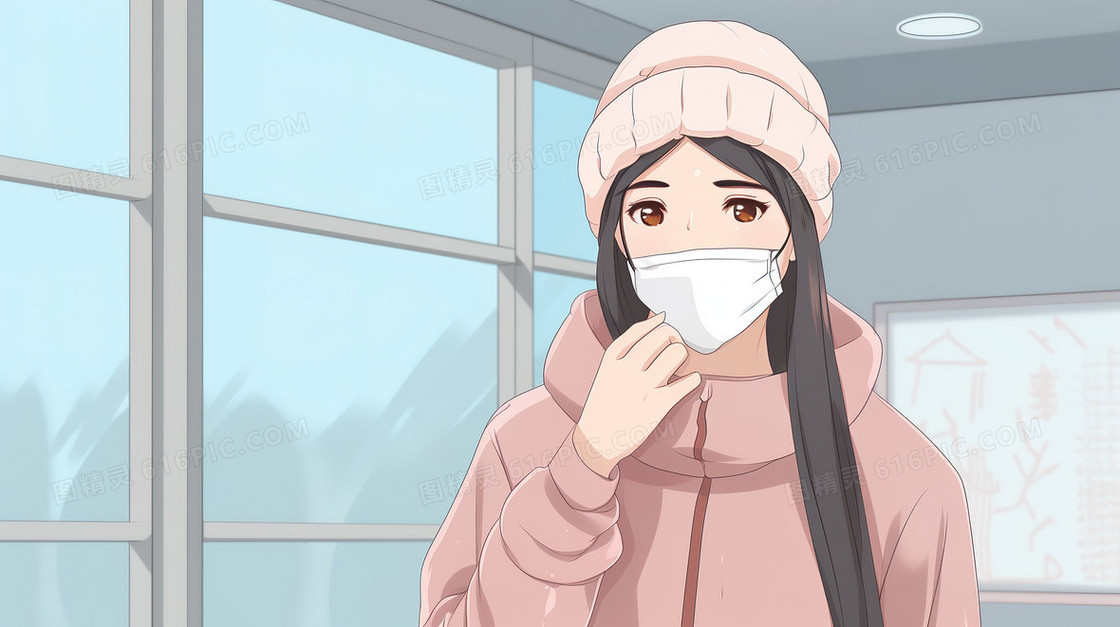 冬天戴口罩的女孩创意插画