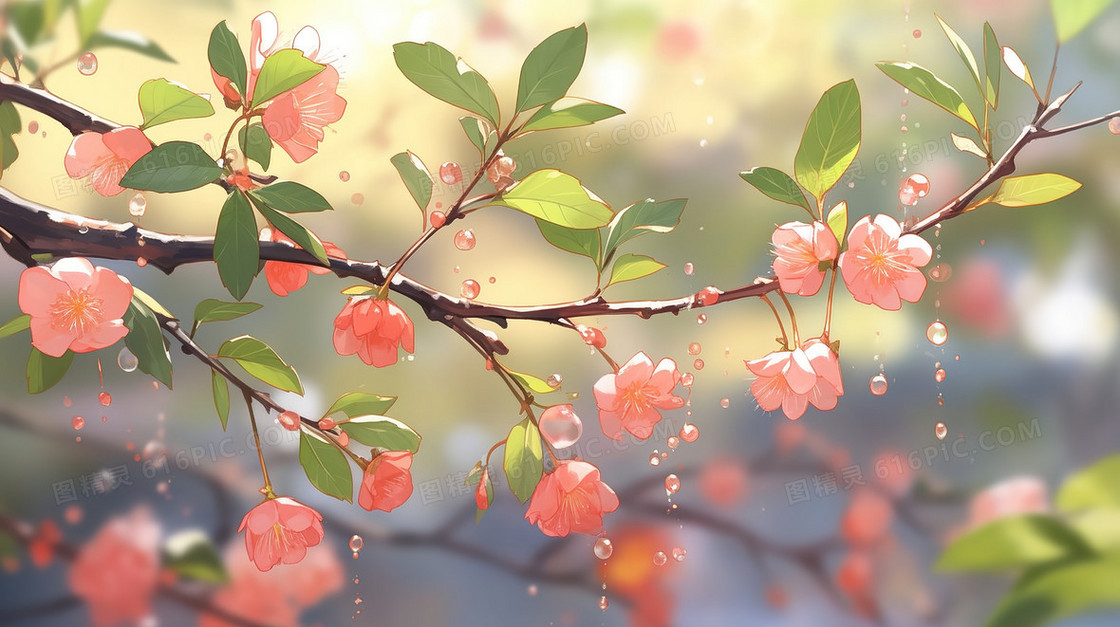 春季盛开的桃花树插画