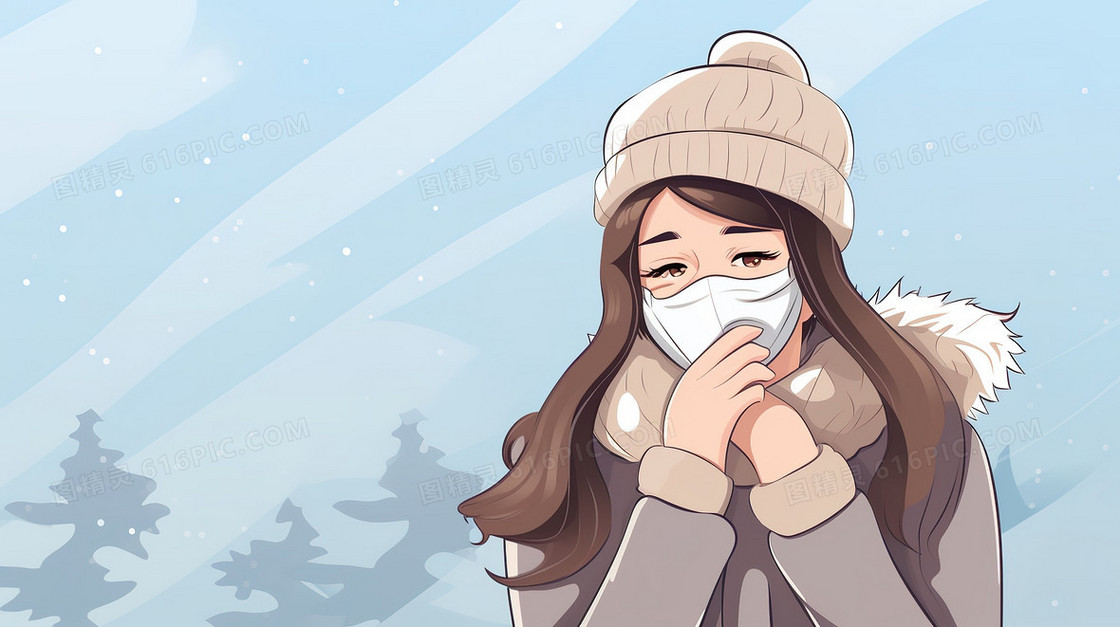 冬天戴口罩的女孩创意插画