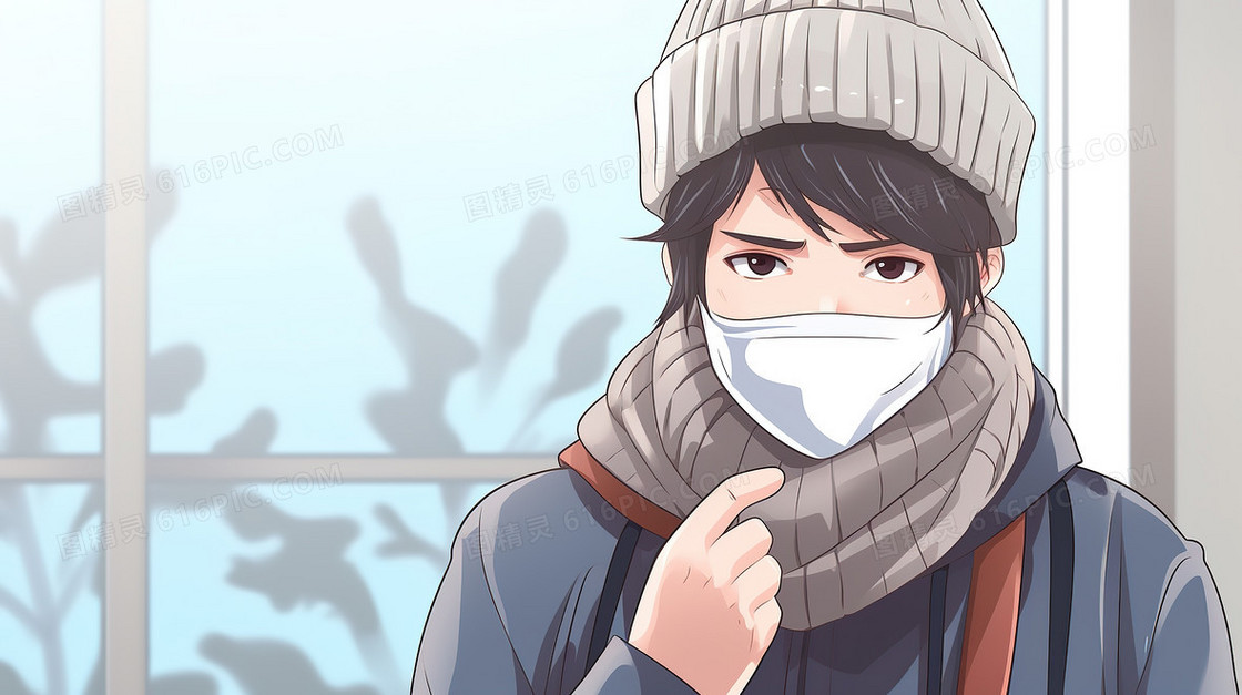 冬天戴口罩的男孩创意插画