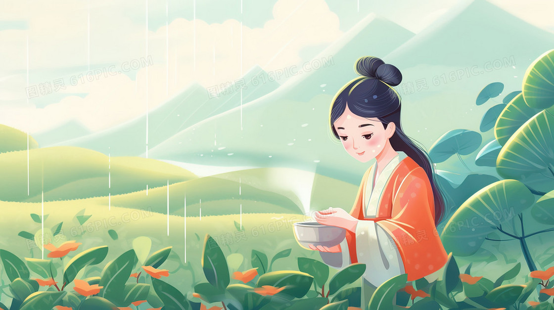 春季茶山雨中的采茶女插画