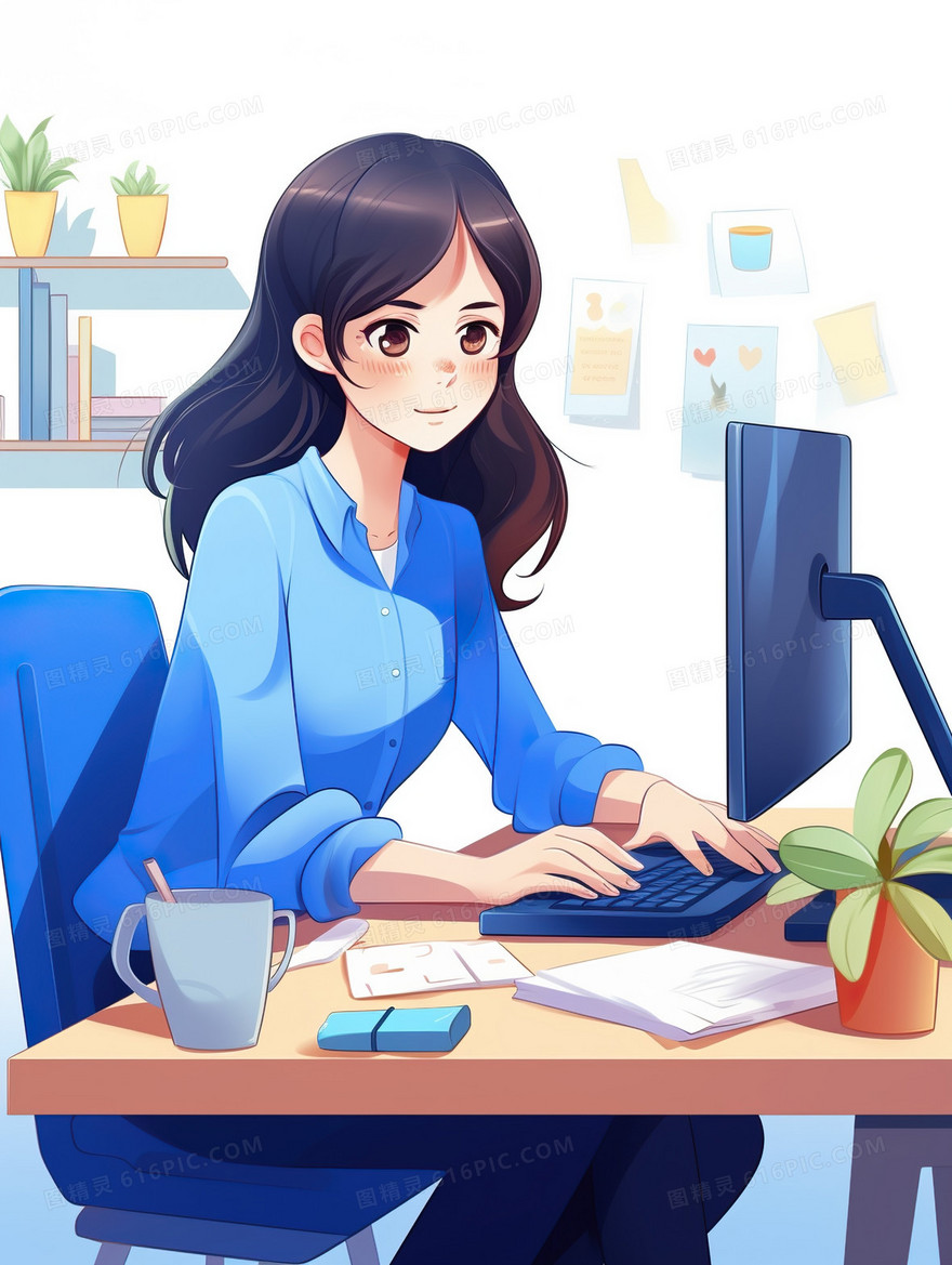 在电脑桌前工作的女生插画