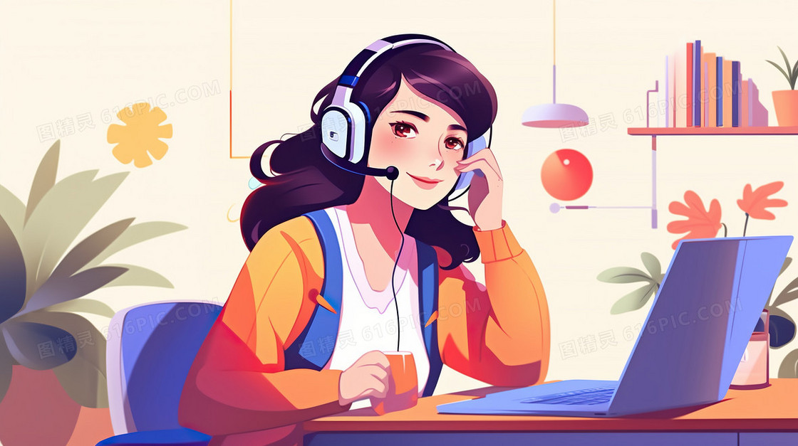 卡通商务办公女客服插画