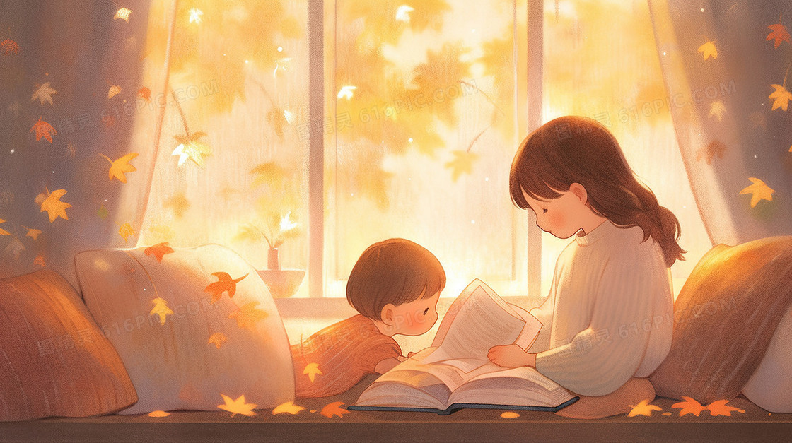 一起看书的母女插画