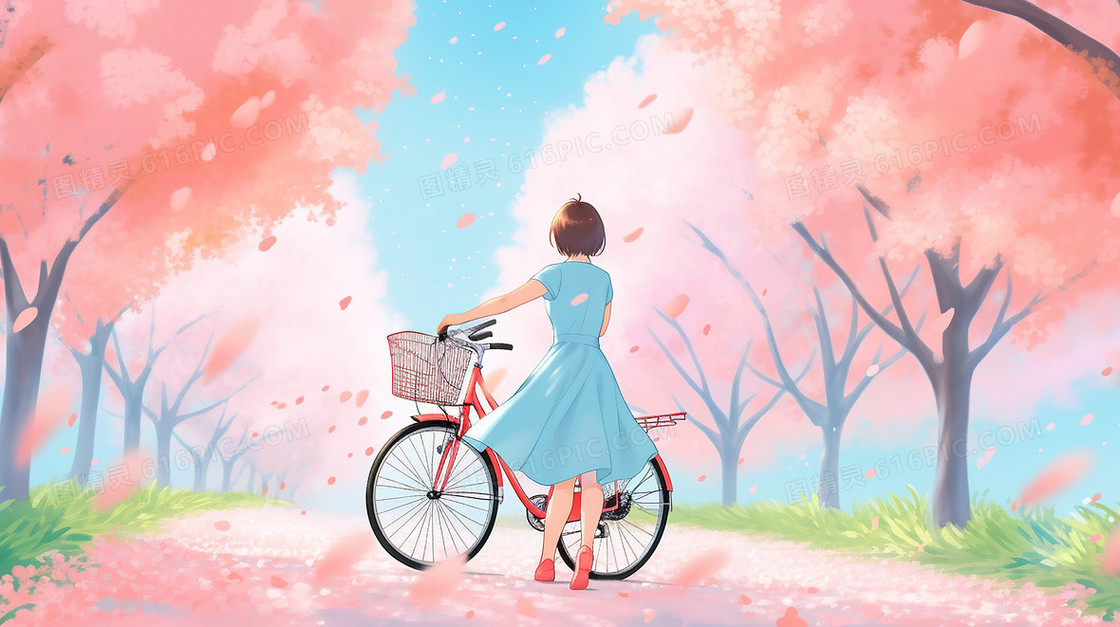 春季骑自行车的女孩插画