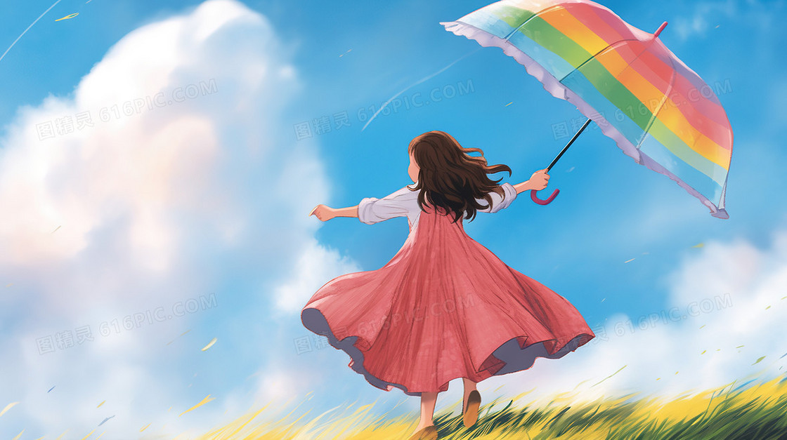 春天草地上撑着雨伞的少女插画  