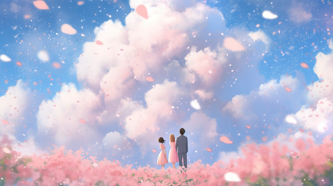 春天鲜花花田上的人物背影插画
