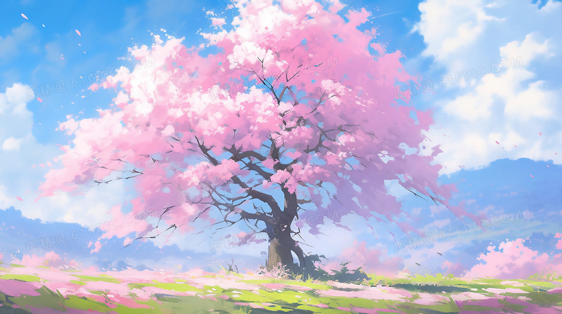 春季粉色草地上的大树插画