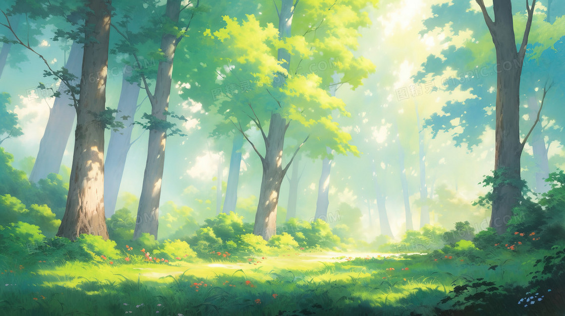 春季阳光下绿油油的森林插画