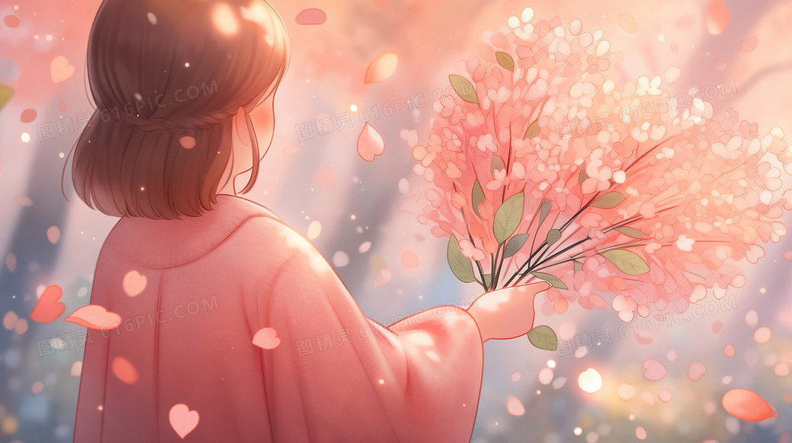 拿着 一束樱花的少女插画