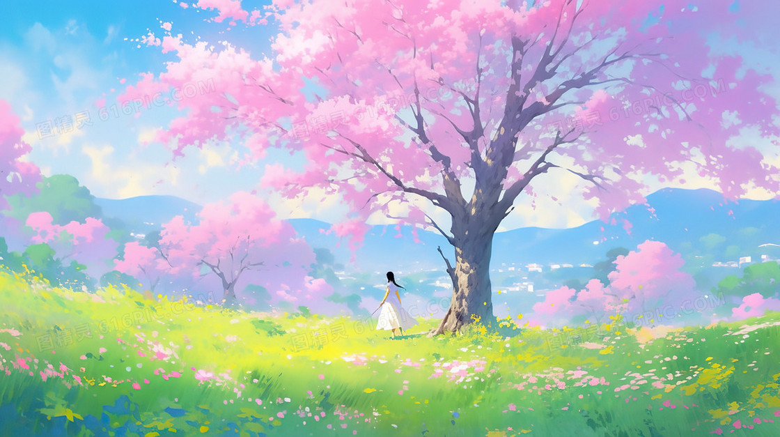 春季粉色草地上的大树插画