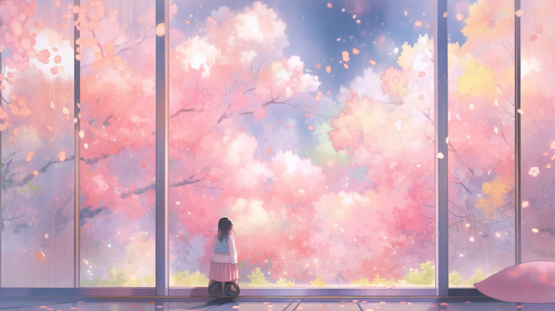 春天窗户旁观赏樱花的少女插画