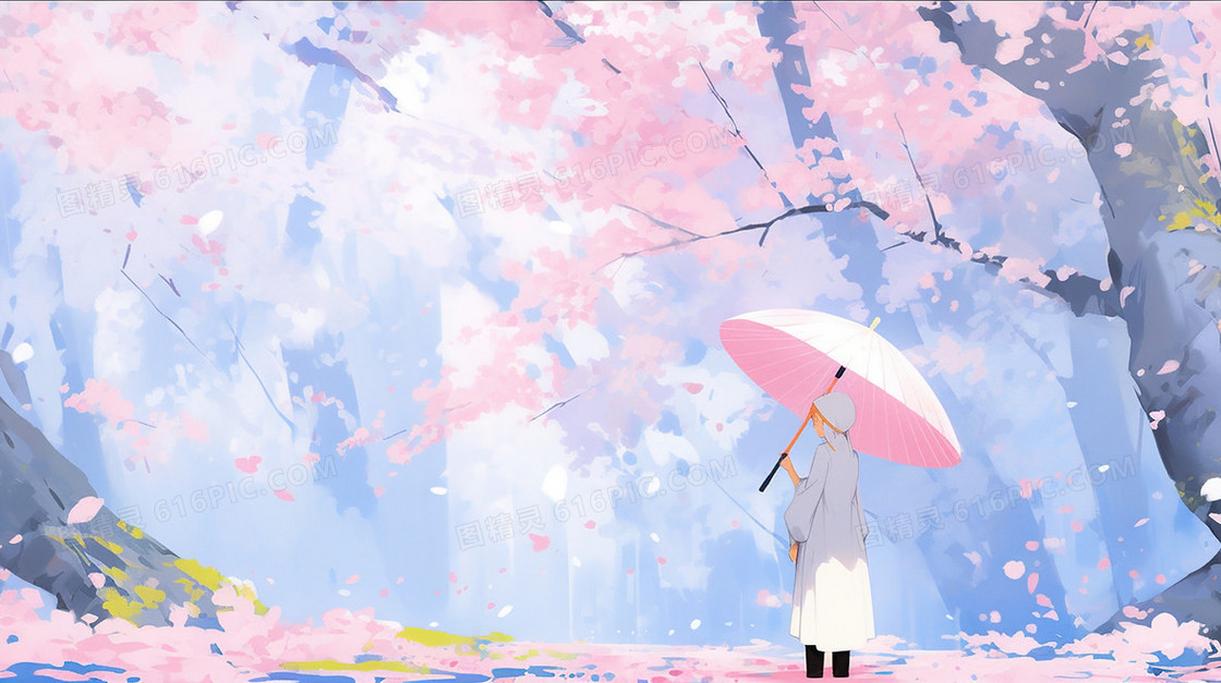 粉色花朵树下的女孩插画