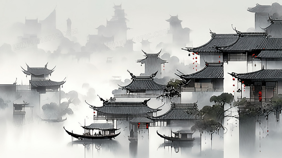 黑白水墨中国风江南水乡插画