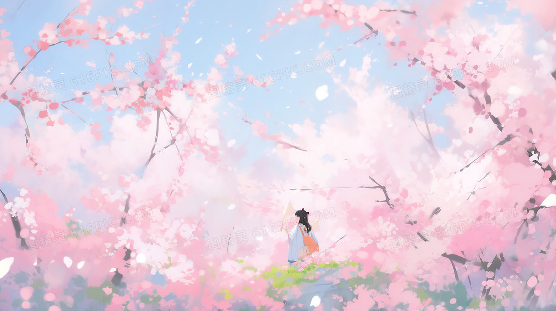 粉色花朵树下的女孩插画