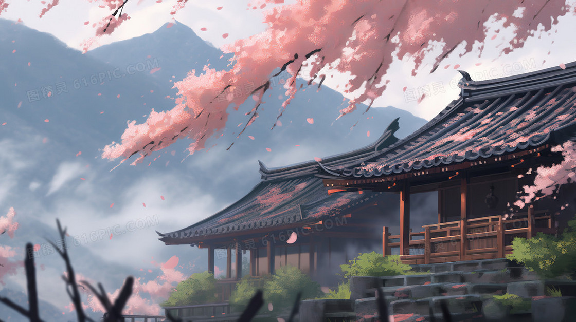 春天盛开的樱花树旁的古寺庙插画