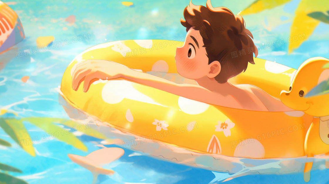 夏日海边带着救生圈游泳的男孩插画