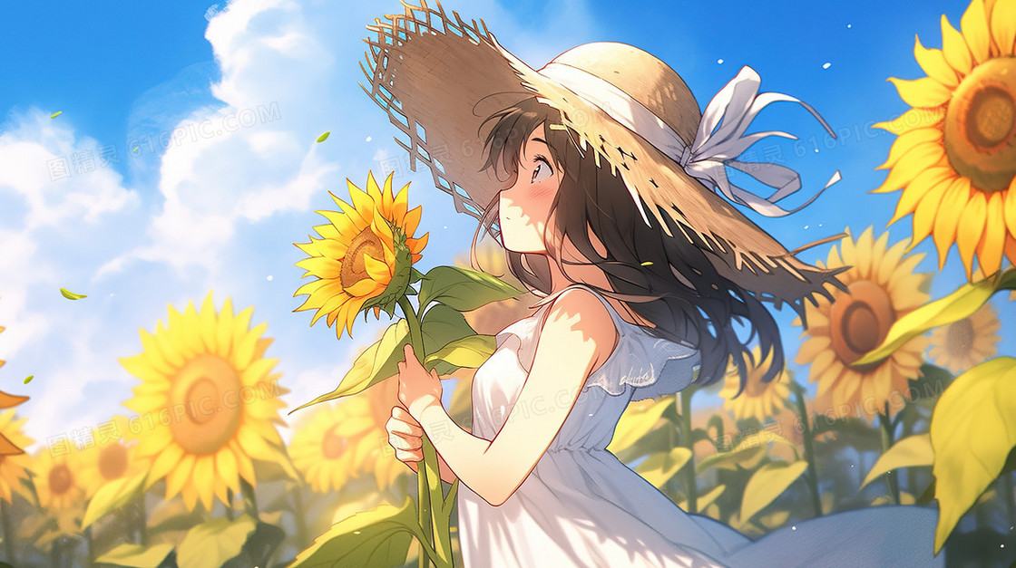 春天向日葵花田里戴草帽的女生插画