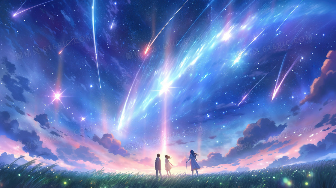 草原上欣赏流星的少女插画