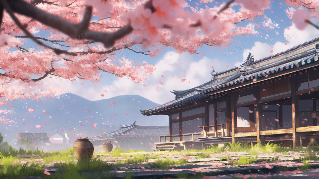 春天盛开的樱花树旁的古寺庙插画