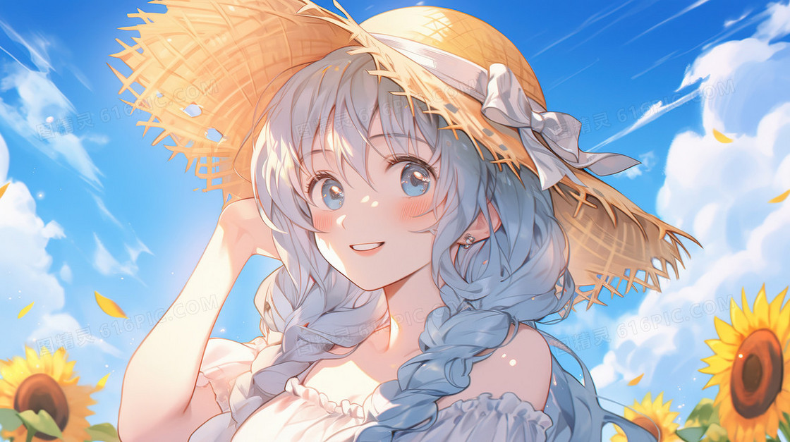 春天向日葵花田里戴草帽的女生插画