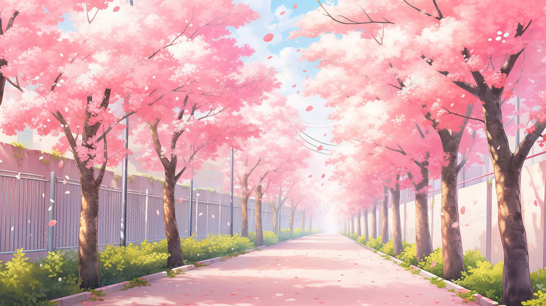 春季樱花盛开的城市街景插画