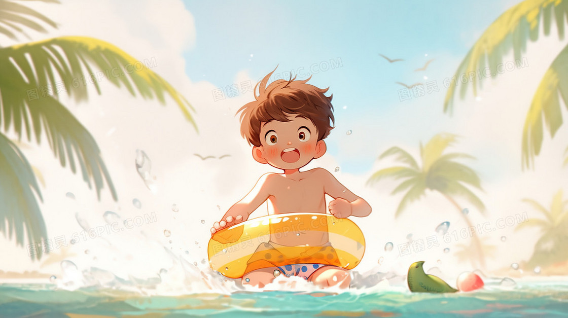 夏季海边游泳的小男孩插画