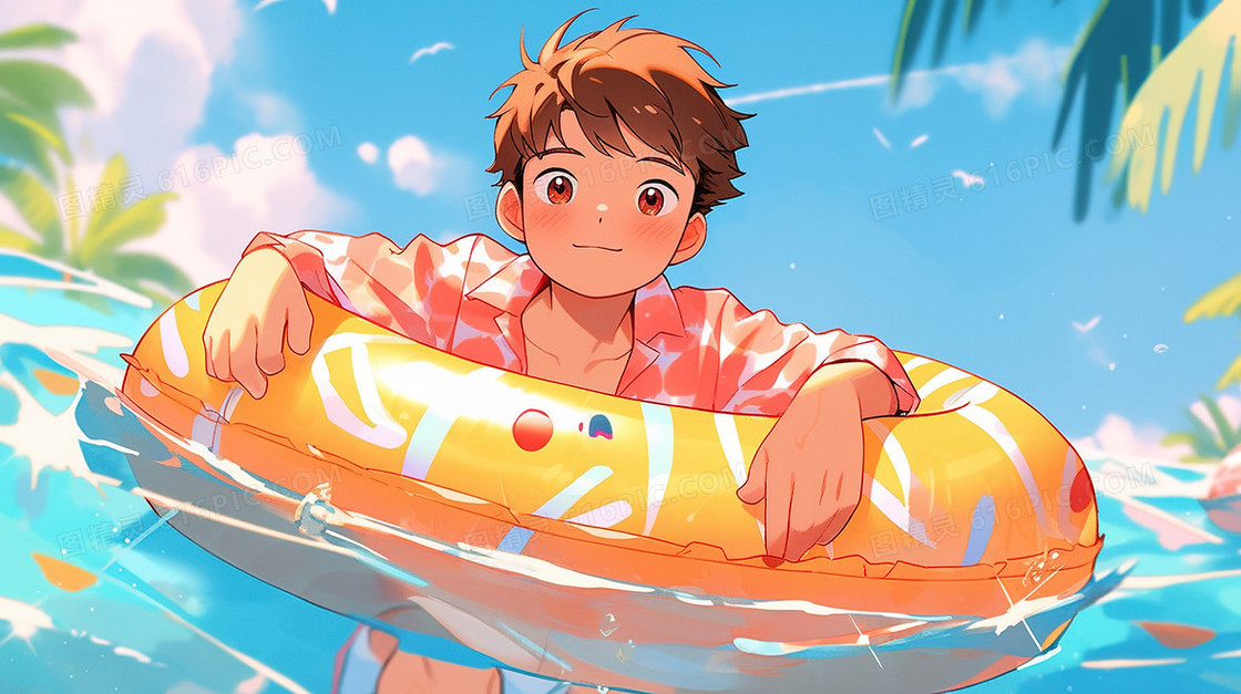 夏日海边带着救生圈游泳的男孩插画