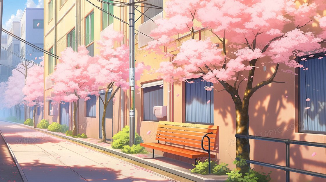 春季樱花盛开的城市街景插画