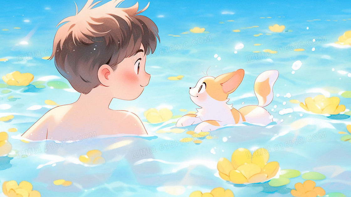 夏季海边游泳的小男孩插画