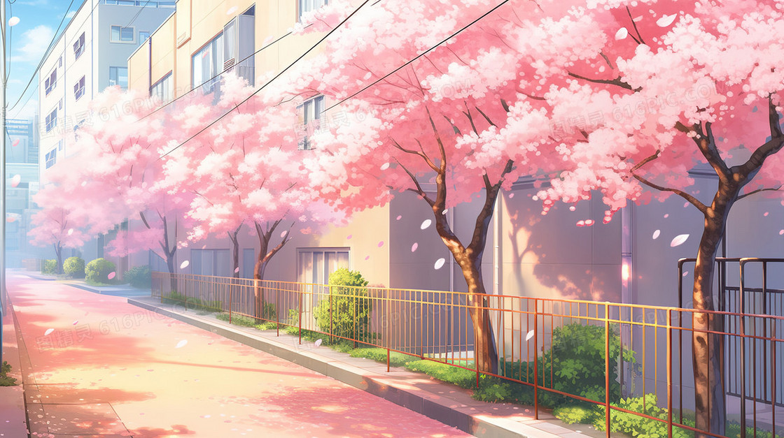 春季樱花盛开的城市街景插画