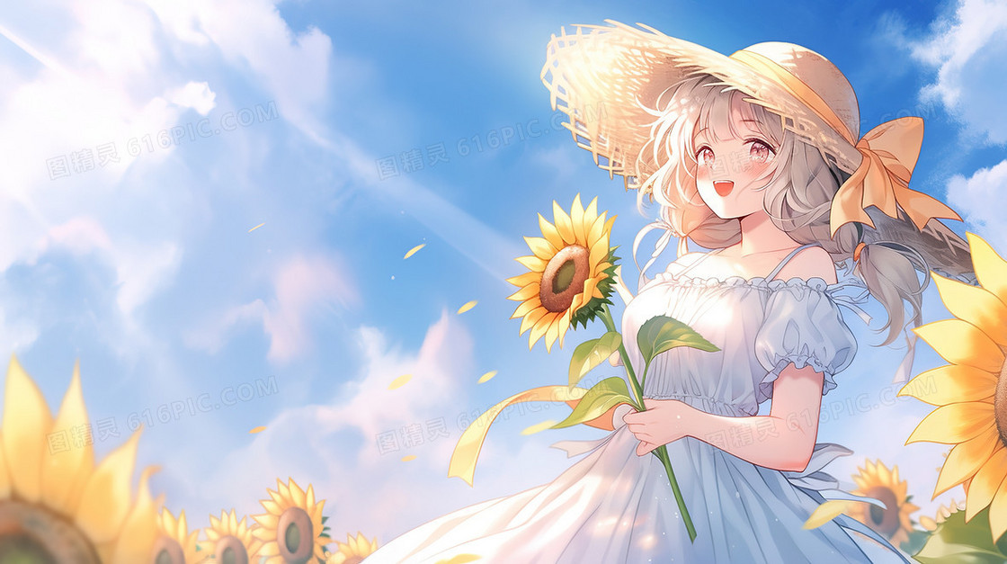 春天向日葵花田里戴草帽的女生插画