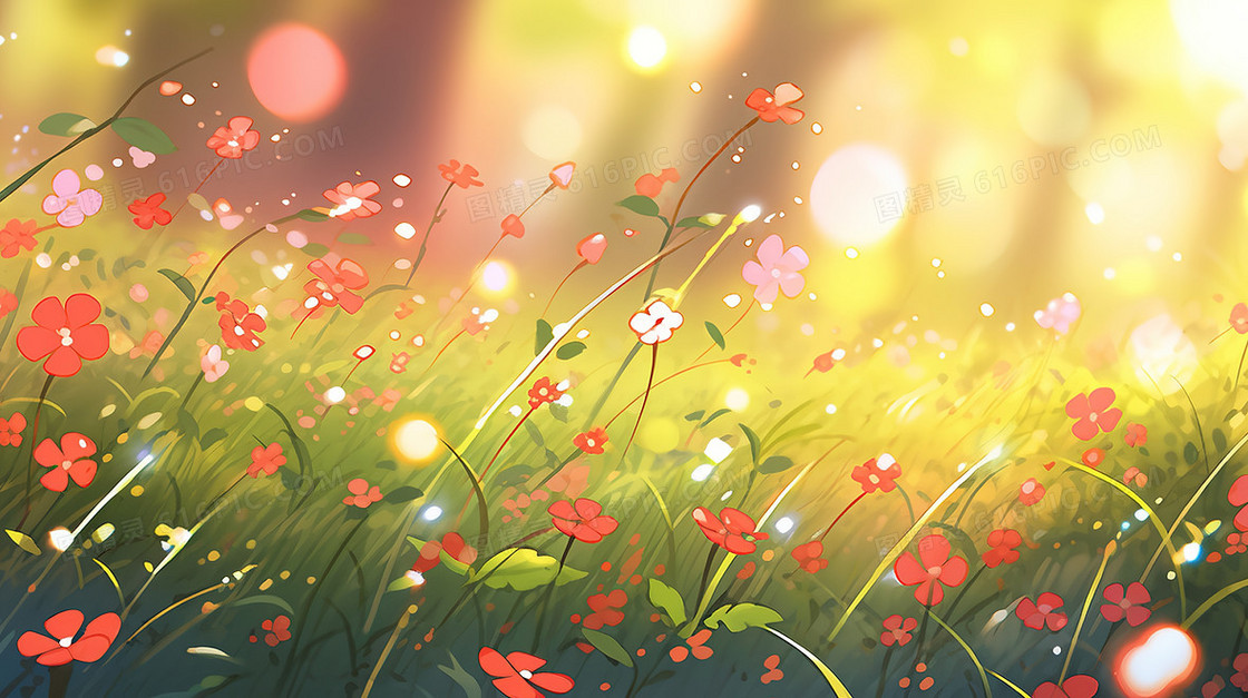 春天阳光下的花草地插画