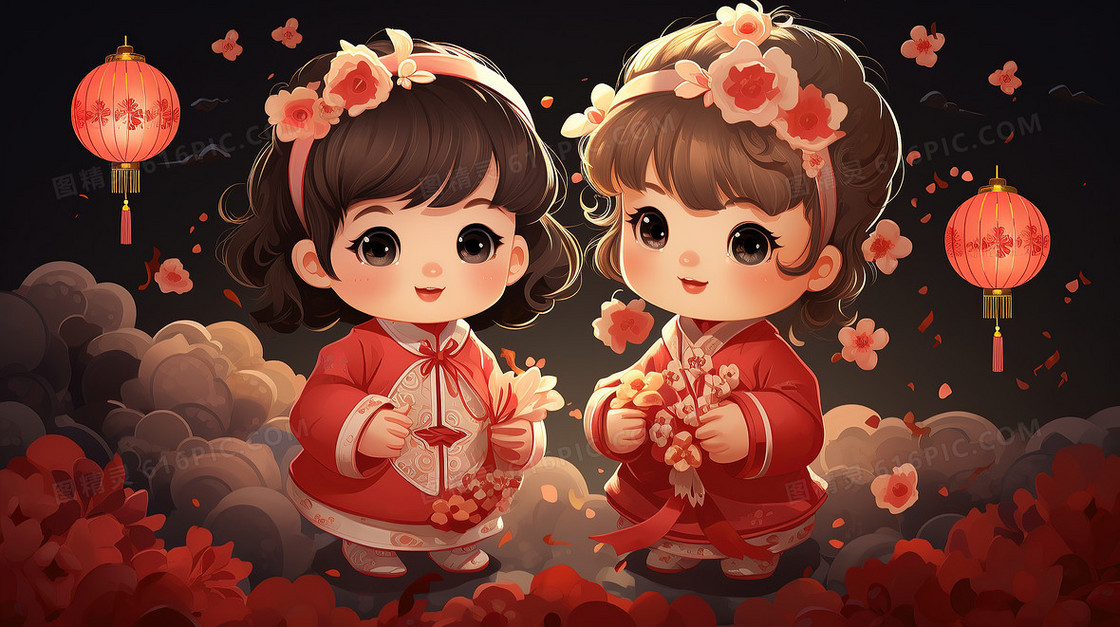 红色春节两个小女孩赏花灯插画